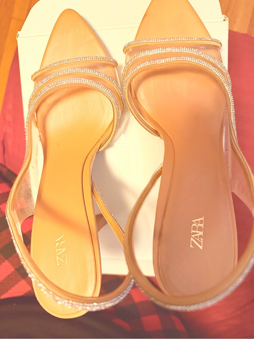ZARA Tan Pointed Slingback Mules with Rhinestone Straps - Picture 2 of 3